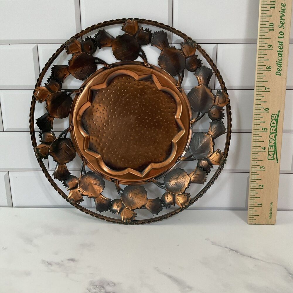 Vintage 10.5”  Copper Plate With leaf Design